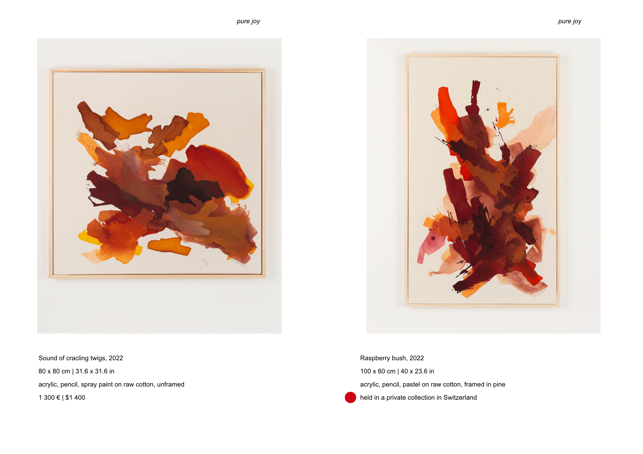 image of two medium size paintings on canvas, hanging on a wall, painted with mostly red, dark orange and brown paints