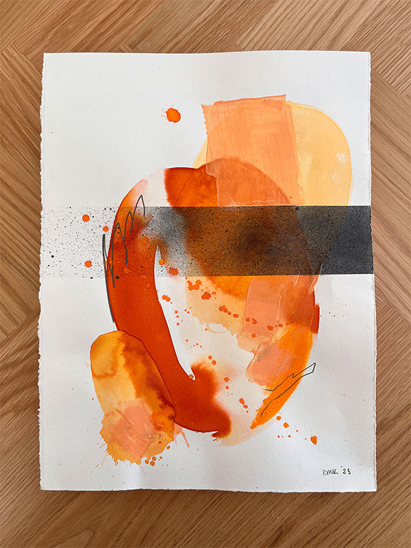 abstract painting on a white paper, mostly rich dark orange and yellow colors