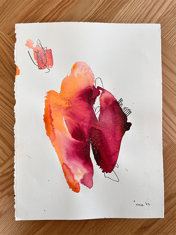 abstract painting on a white paper, mostly rich pink and orange colors