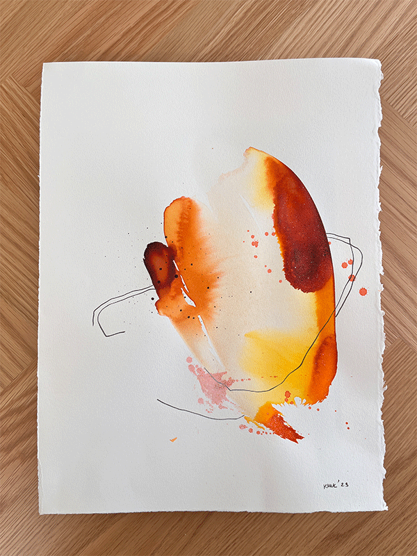 abstract painting on a white paper, mostly rich dark orange and yellow colors